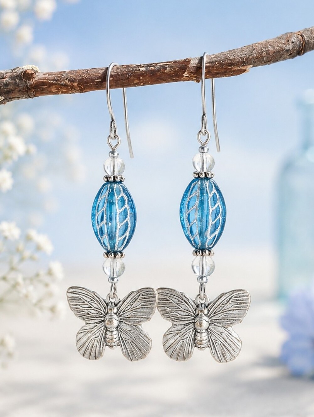 Silver Blue Butterfly Earrings Czech Glass Artisan Jewelry Hand Crafted